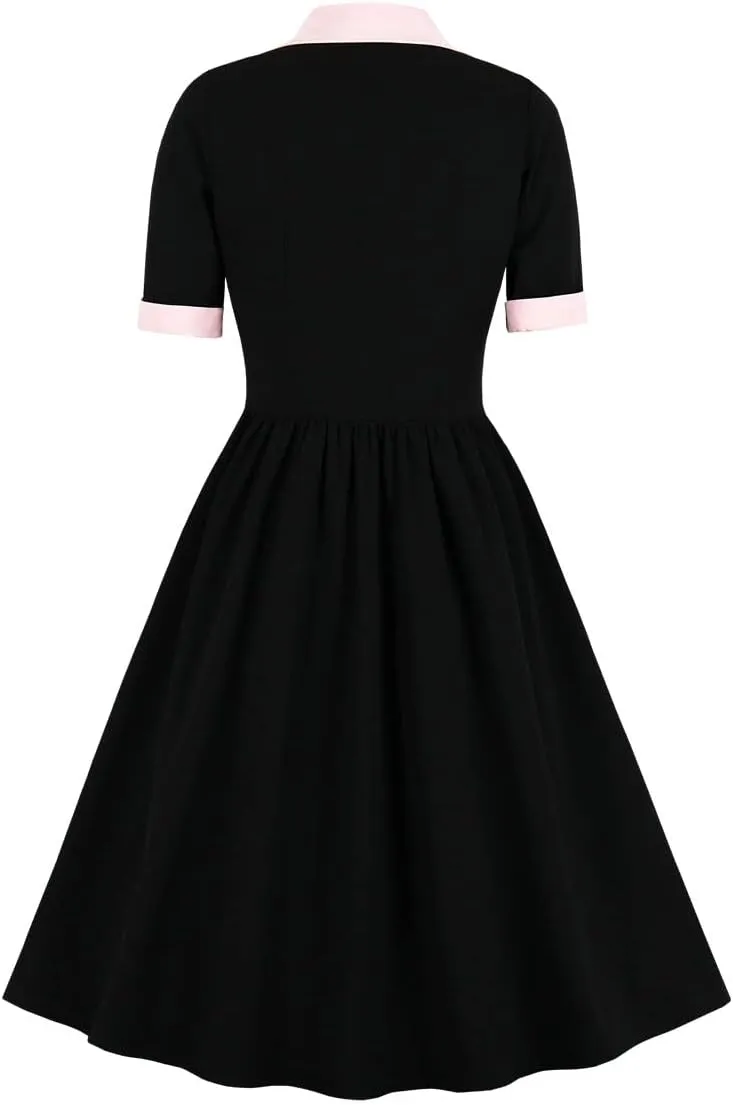 1950s Dresses for Women Vintage Rockabilly Retro Short Sleeve Tie Midi Dress Cocktail Party Evening Prom Gown