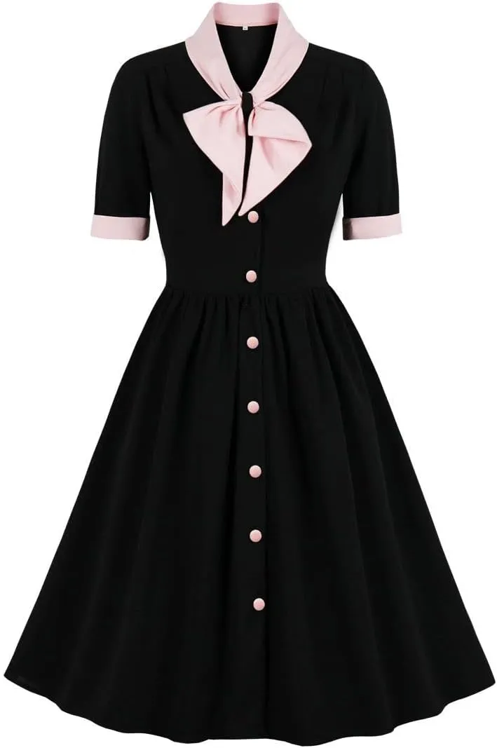 1950s Dresses for Women Vintage Rockabilly Retro Short Sleeve Tie Midi Dress Cocktail Party Evening Prom Gown
