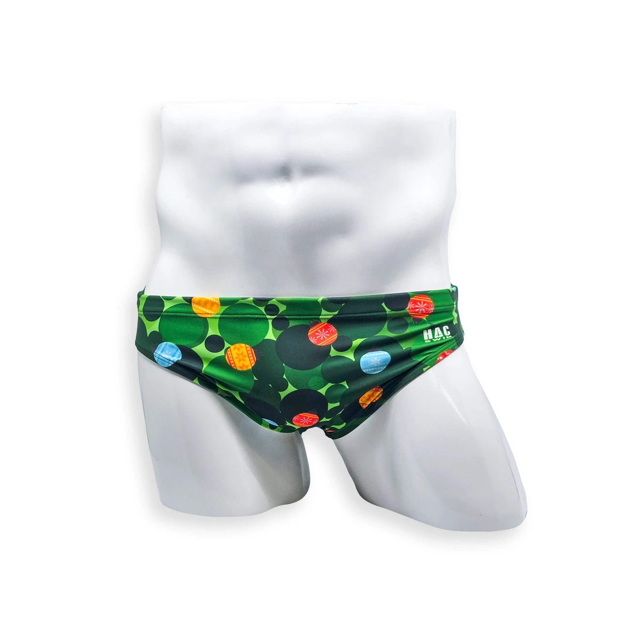 2 Inch Flat Front Swim Brief - Green Christmas Balls