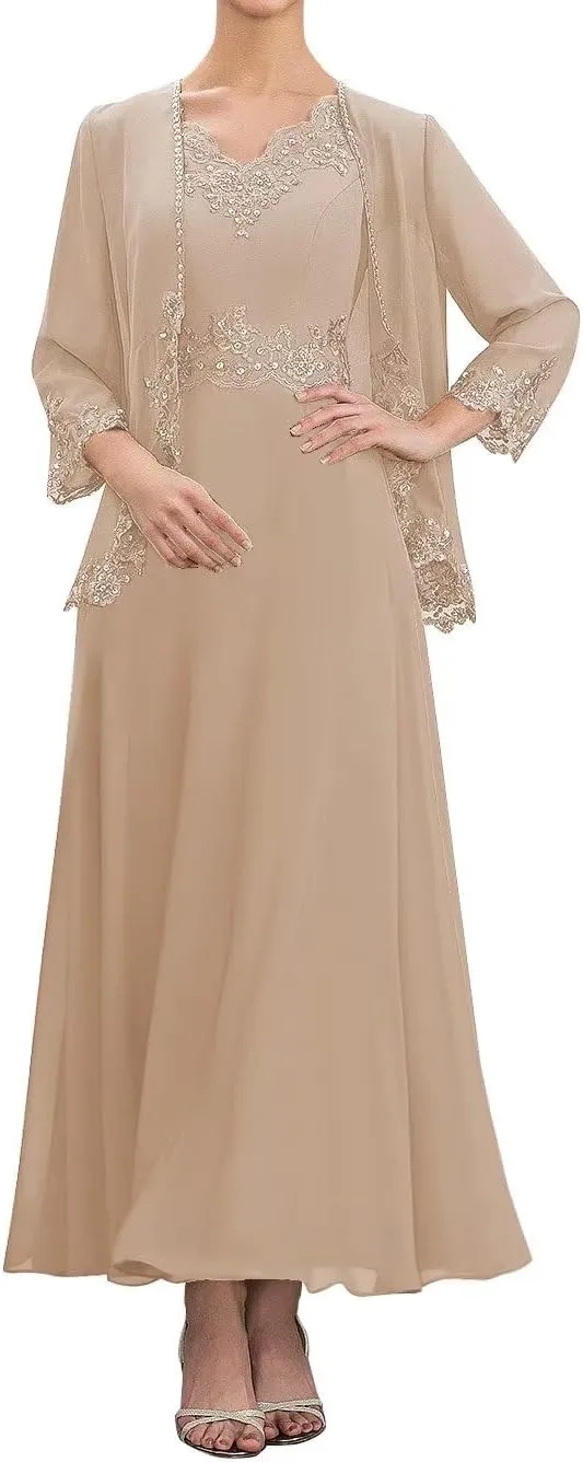 2 Piece Mother of The Bride Dresses Tea Length with Jacket Chiffon Lace Appliques Formal Evening Dress for Wedding