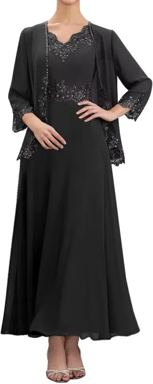 2 Piece Mother of The Bride Dresses Tea Length with Jacket Chiffon Lace Appliques Formal Evening Dress for Wedding