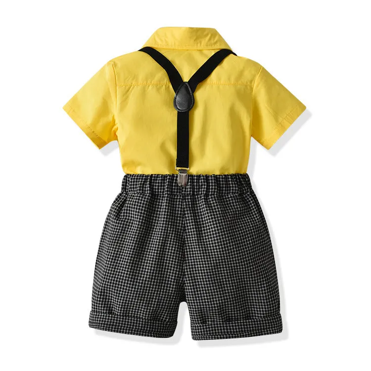 2 Pieces Set Baby Kid Boys Birthday Party Bow Shirts And Checked Rompers Wholesale 220531106