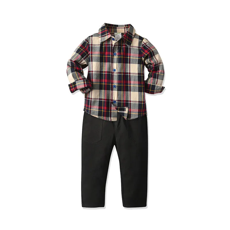 2 Pieces Set Baby Kid Boys Birthday Party Checked Shirts And Solid Color Pants Wholesale 21110938