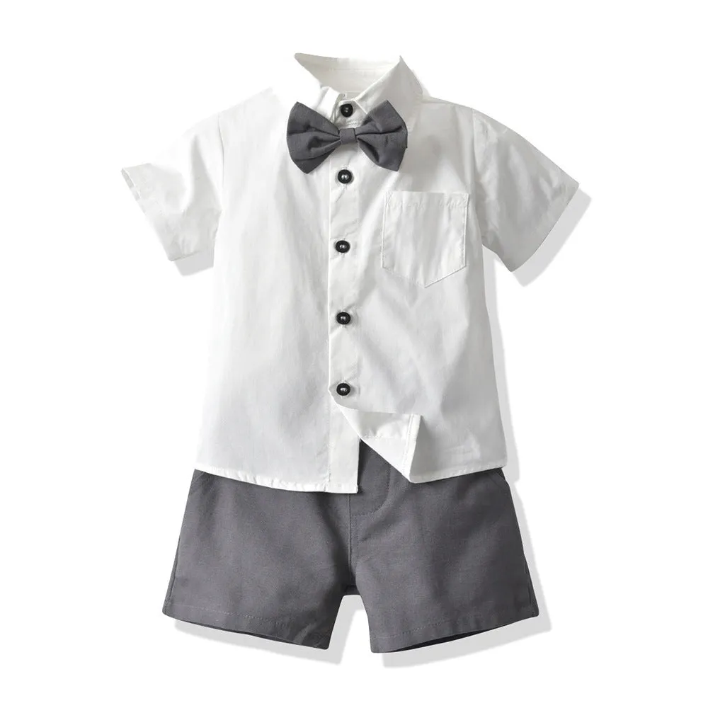 2 Pieces Set Baby Kid Boys Birthday Solid Color Bow Shirts And Rompers Wholesale 221214141