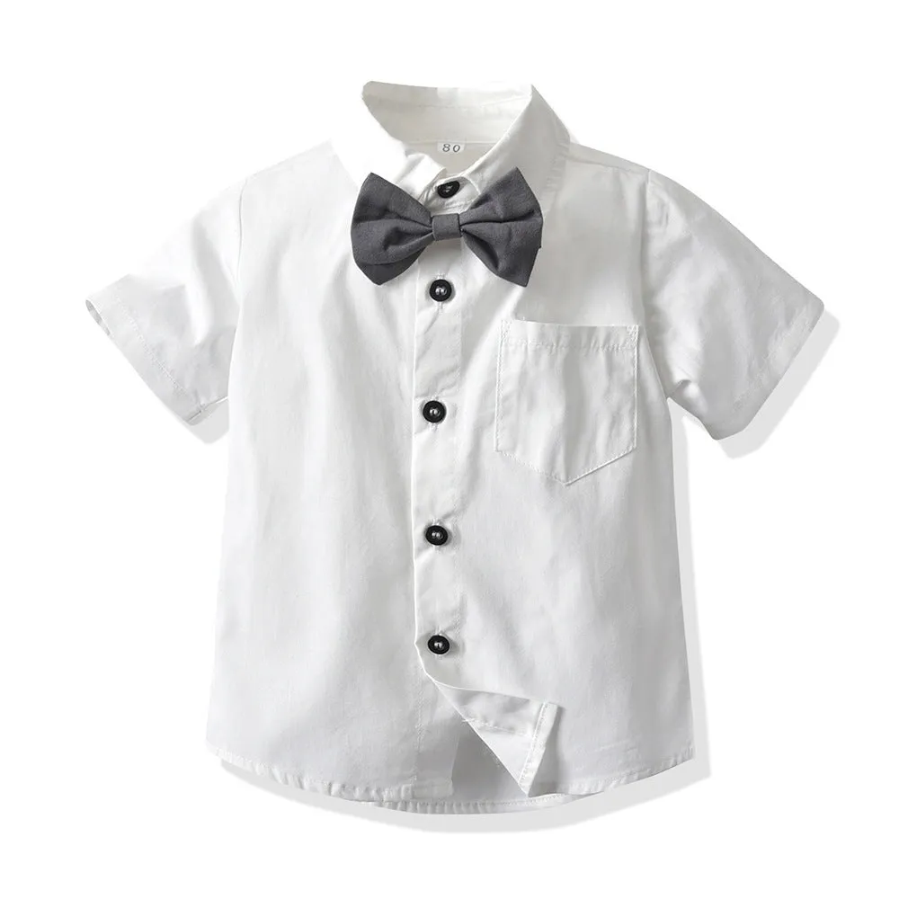 2 Pieces Set Baby Kid Boys Birthday Solid Color Bow Shirts And Rompers Wholesale 221214141