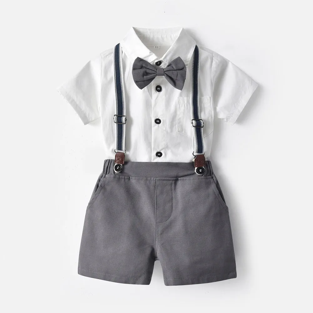 2 Pieces Set Baby Kid Boys Birthday Solid Color Bow Shirts And Rompers Wholesale 221214141