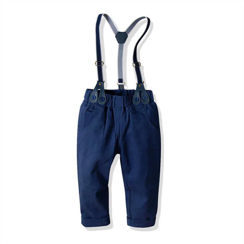 2 Pieces Set Baby Kid Boys Dressy Birthday Party Checked Bow Shirts And Solid Color Jumpsuits Wholesale 211109507