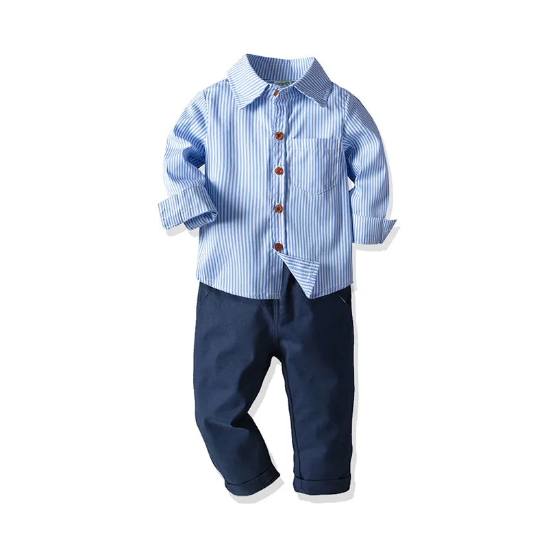 2 Pieces Set Baby Kid Boys Dressy Striped Shirts And Solid Color Jumpsuits Wholesale 21110987