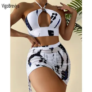 2023 VigoBreviya Sexy Print Hollow Halter 3PCS Mesh Skirt Bikini Set Swimwear High Waist Swimsuit Push Up Bathing Suit