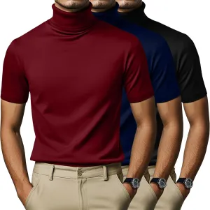 3 Pack Men's Turtleneck T Shirts, Cotton Short Sleeve Mock Neck Undershirt Summer Casual Basic Pullover Tops