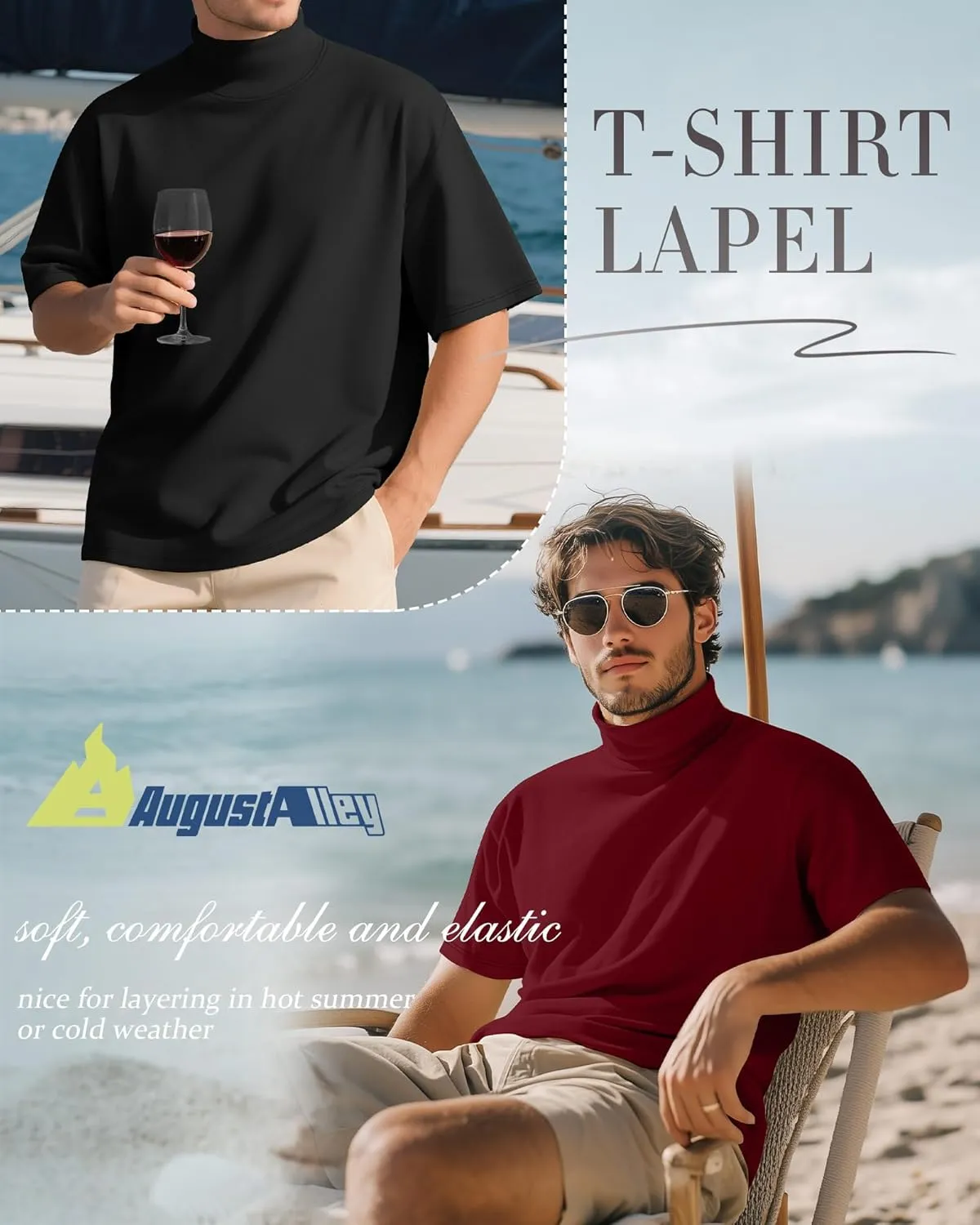 3 Pack Men's Turtleneck T Shirts, Cotton Short Sleeve Mock Neck Undershirt Summer Casual Basic Pullover Tops