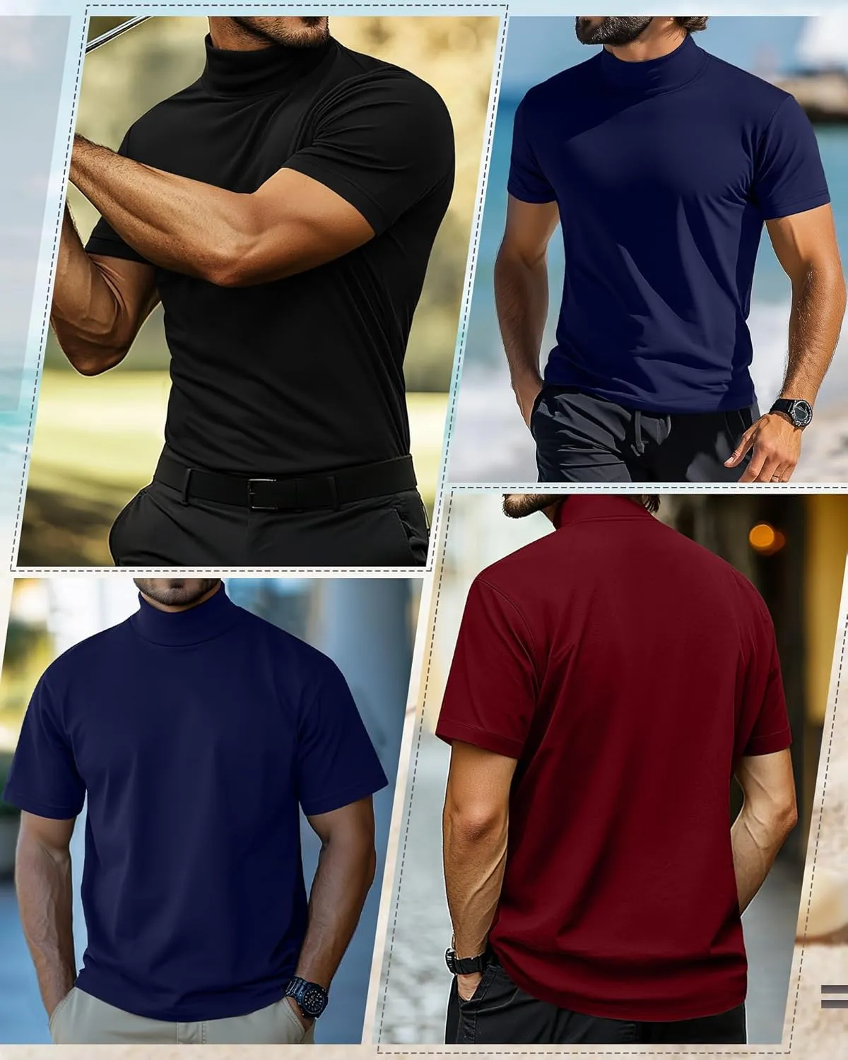 3 Pack Men's Turtleneck T Shirts, Cotton Short Sleeve Mock Neck Undershirt Summer Casual Basic Pullover Tops