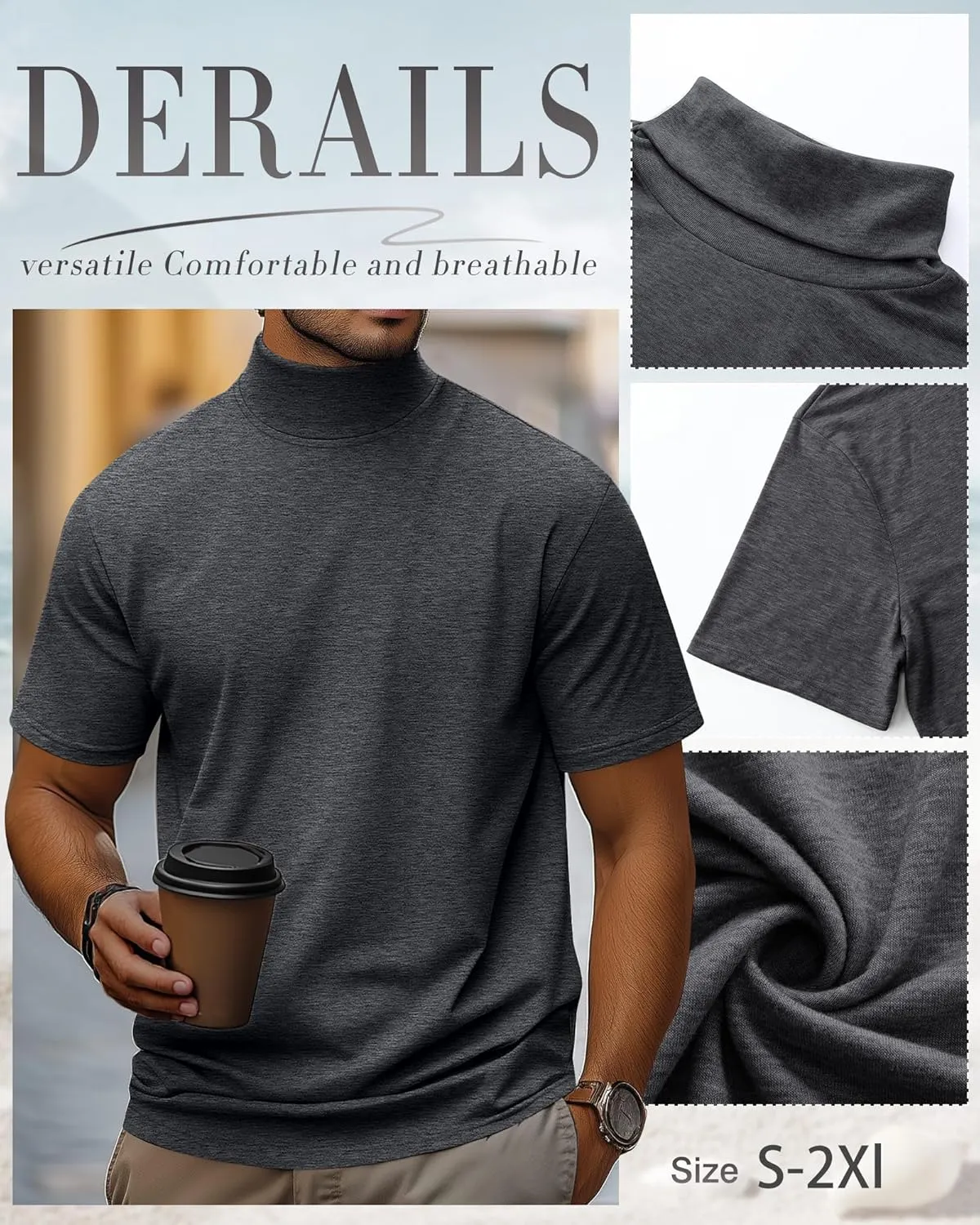 3 Pack Men's Turtleneck T Shirts, Cotton Short Sleeve Mock Neck Undershirt Summer Casual Basic Pullover Tops