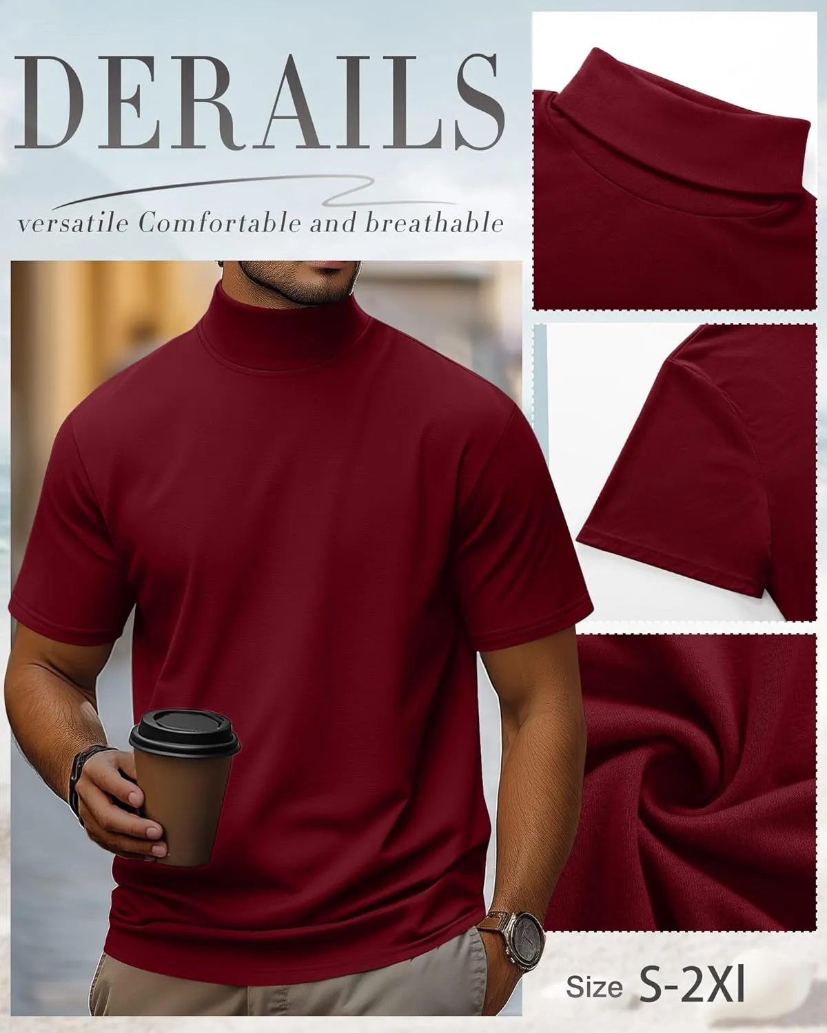 3 Pack Men's Turtleneck T Shirts, Cotton Short Sleeve Mock Neck Undershirt Summer Casual Basic Pullover Tops