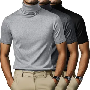 3 Pack Men's Turtleneck T Shirts, Cotton Short Sleeve Mock Neck Undershirt Summer Casual Basic Pullover Tops