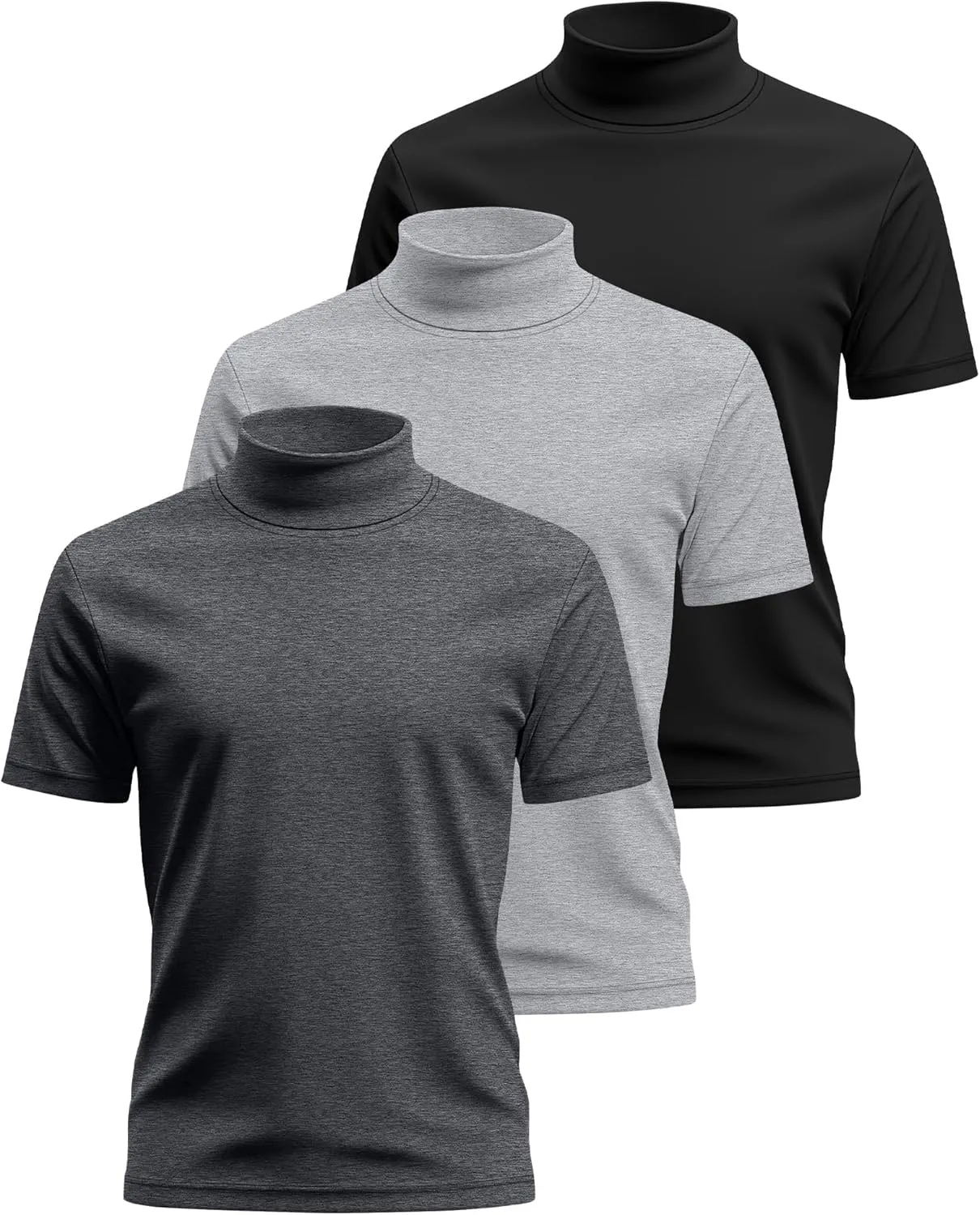 3 Pack Men's Turtleneck T Shirts, Cotton Short Sleeve Mock Neck Undershirt Summer Casual Basic Pullover Tops