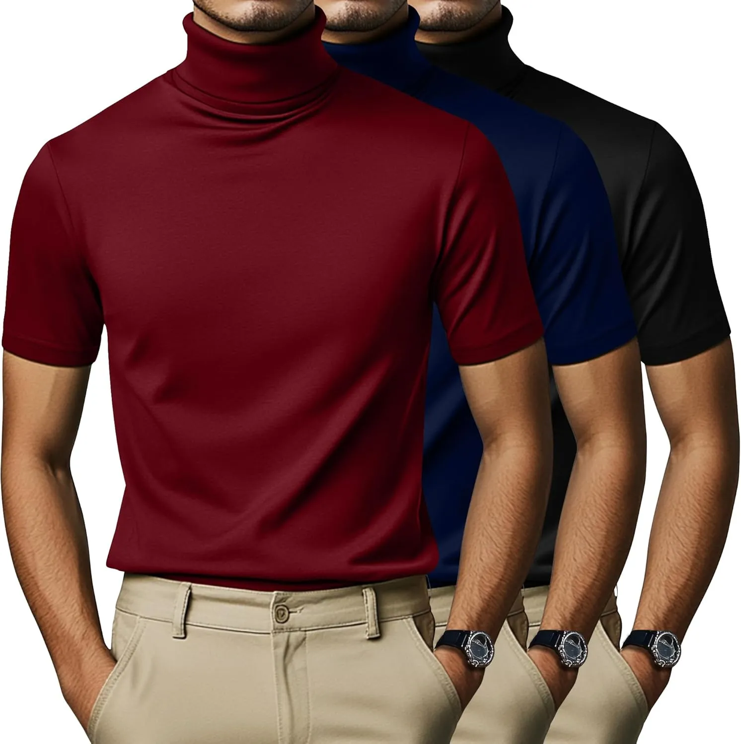 3 Pack Men's Turtleneck T Shirts, Cotton Short Sleeve Mock Neck Undershirt Summer Casual Basic Pullover Tops