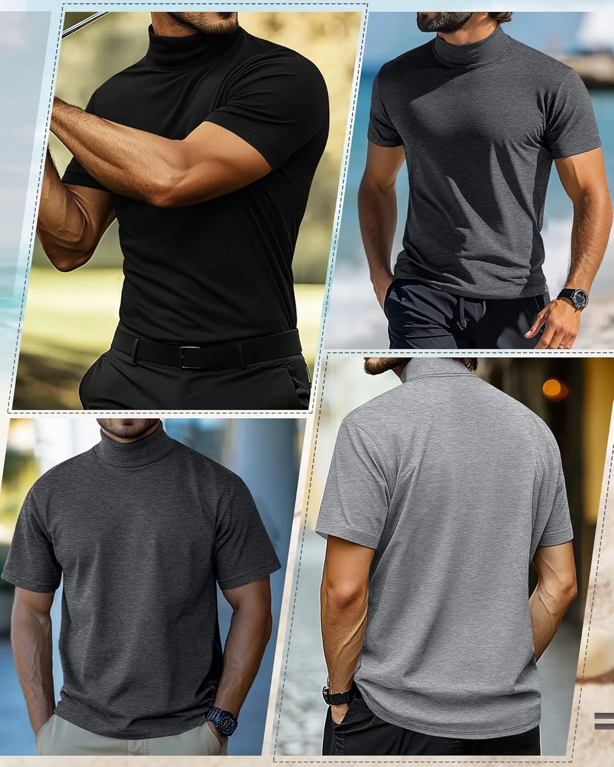 3 Pack Men's Turtleneck T Shirts, Cotton Short Sleeve Mock Neck Undershirt Summer Casual Basic Pullover Tops