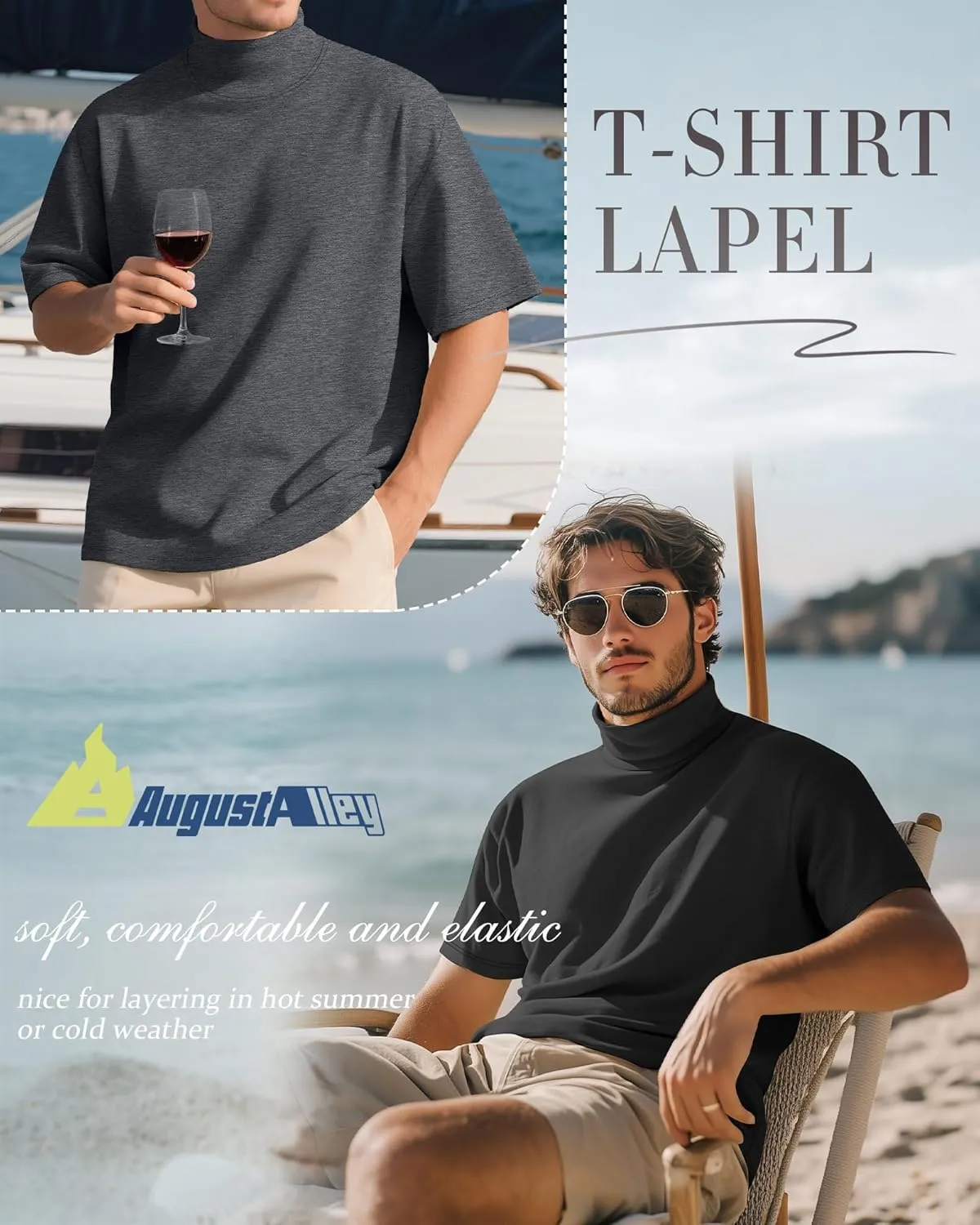 3 Pack Men's Turtleneck T Shirts, Cotton Short Sleeve Mock Neck Undershirt Summer Casual Basic Pullover Tops
