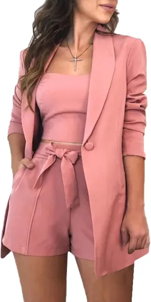 3 Piece Blazer Sets for Women Open Front Button Blazer   Crop Tops   Shorts Bottoms with Belt Business Suit Sets
