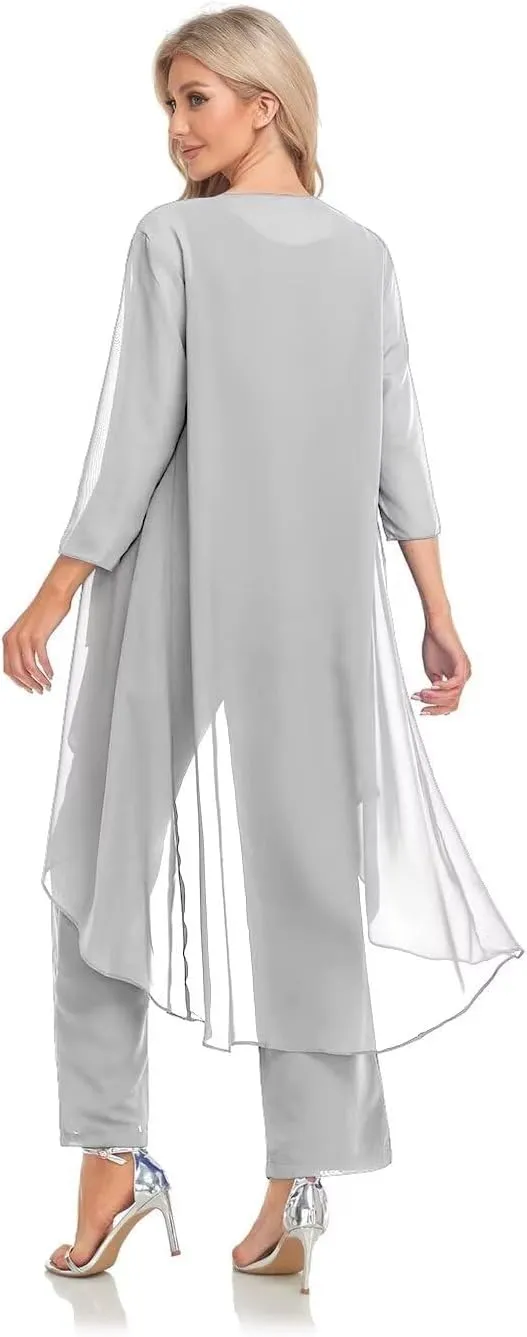 3 Pieces Mother of The Bride Pantsuit with Jackets Chiffon Formal Evening Dresses