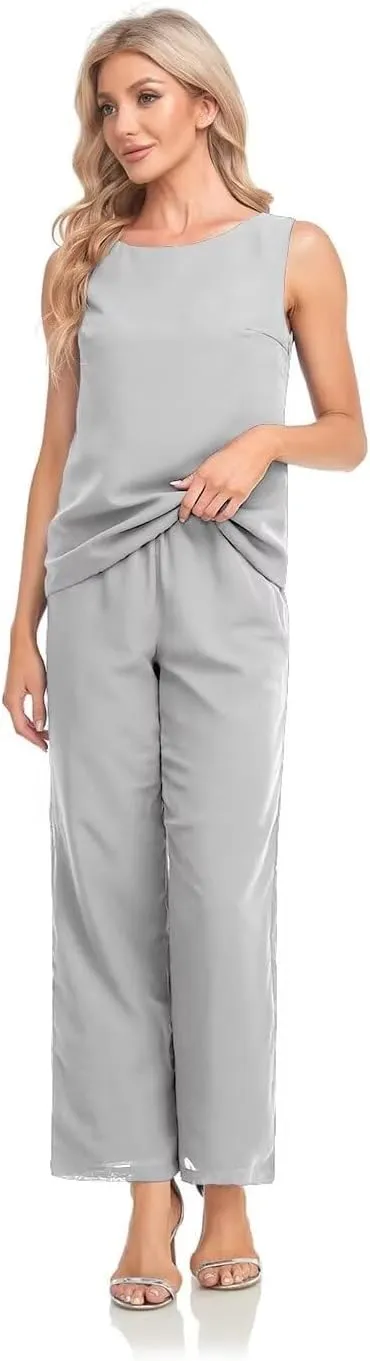 3 Pieces Mother of The Bride Pantsuit with Jackets Chiffon Formal Evening Dresses