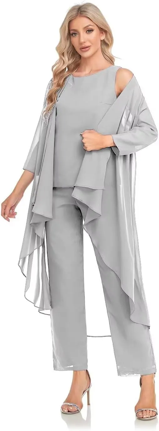 3 Pieces Mother of The Bride Pantsuit with Jackets Chiffon Formal Evening Dresses