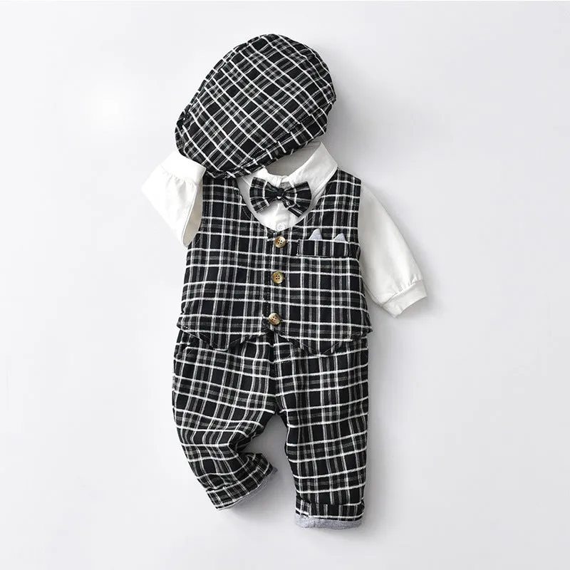 3 Pieces Set Baby Boys Dressy Checked Vests Waistcoats Bow Rompers And Pants Suits Wholesale 220909317