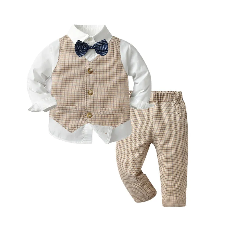 3 Pieces Set Baby Kid Boys Birthday Party Bow Shirts Checked Vests Waistcoats And Pants Wholesale 220916530