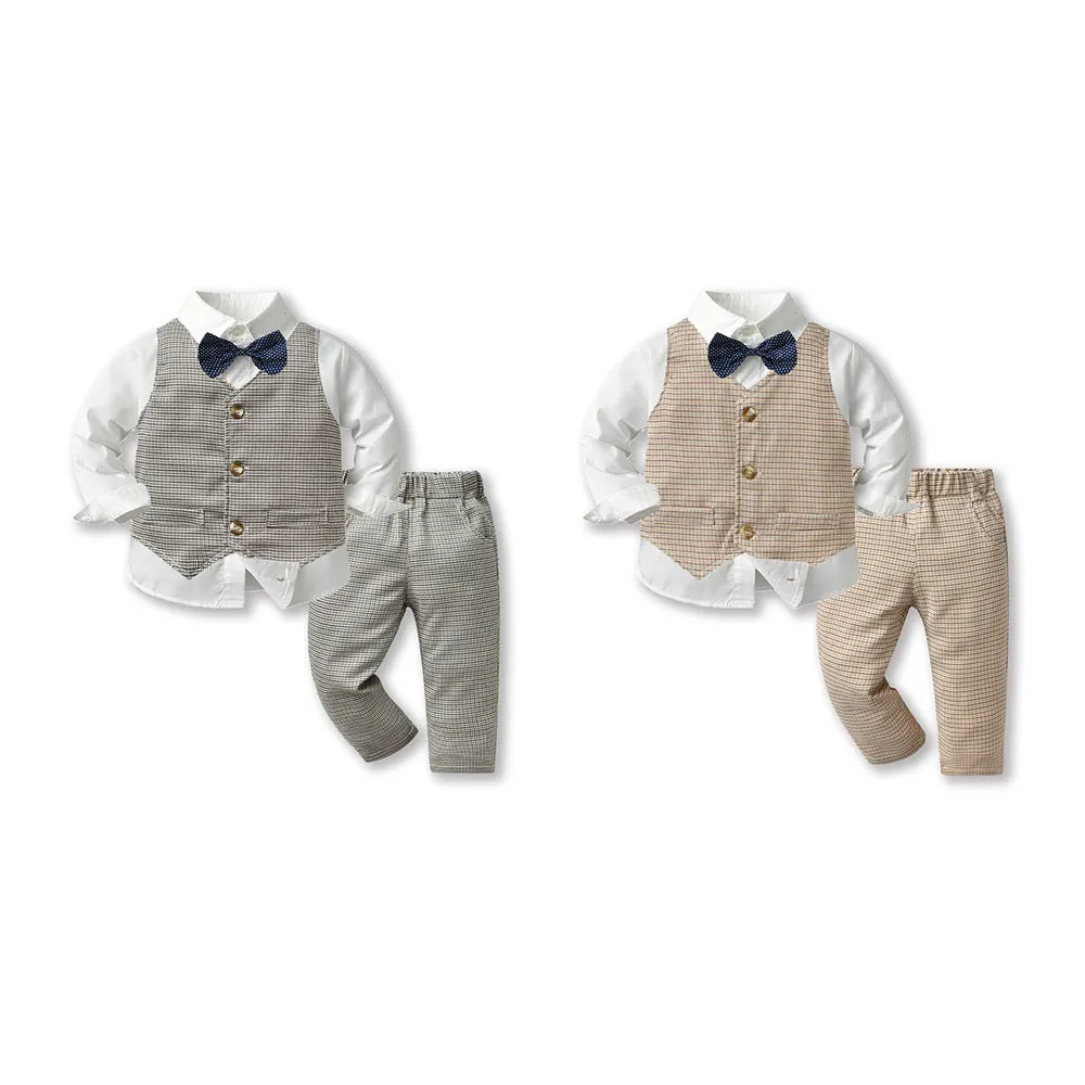 3 Pieces Set Baby Kid Boys Birthday Party Bow Shirts Checked Vests Waistcoats And Pants Wholesale 220916530