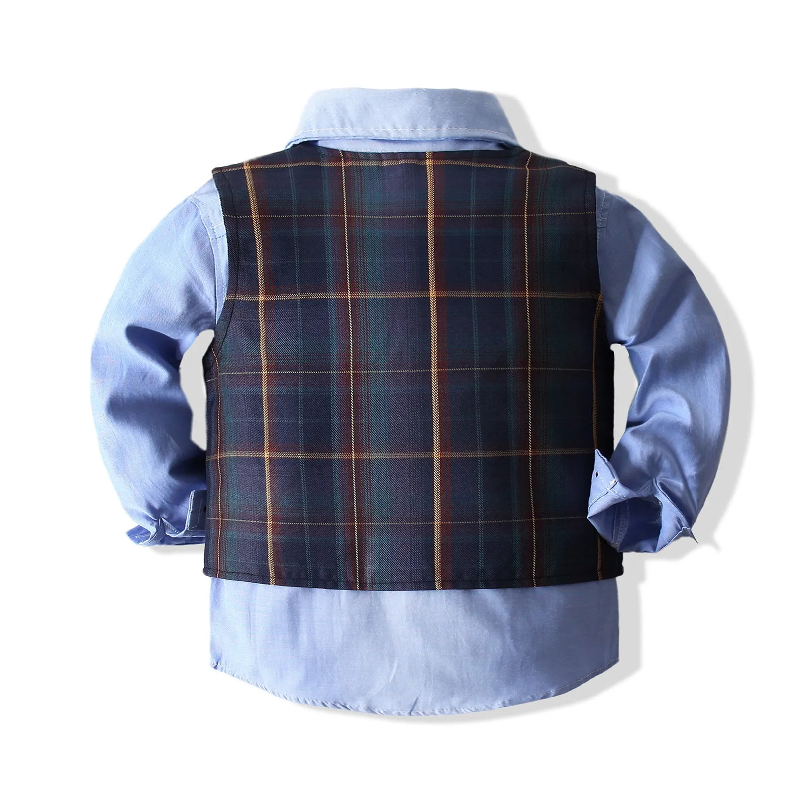 3 Pieces Set Baby Kid Boys Birthday Party Bow Shirts Checked Vests Waistcoats And Solid Color Pants Wholesale 220425237