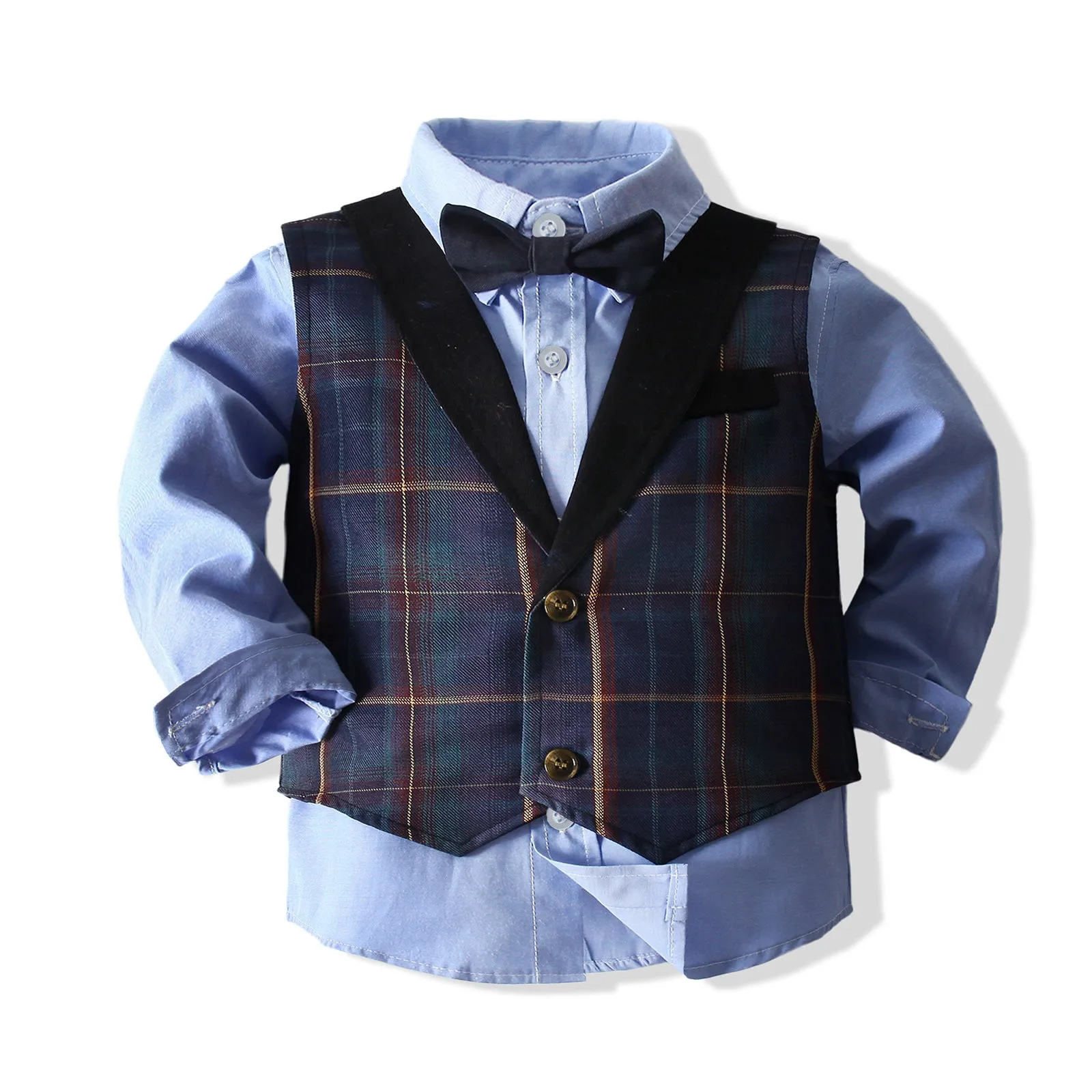 3 Pieces Set Baby Kid Boys Birthday Party Bow Shirts Checked Vests Waistcoats And Solid Color Pants Wholesale 220425237