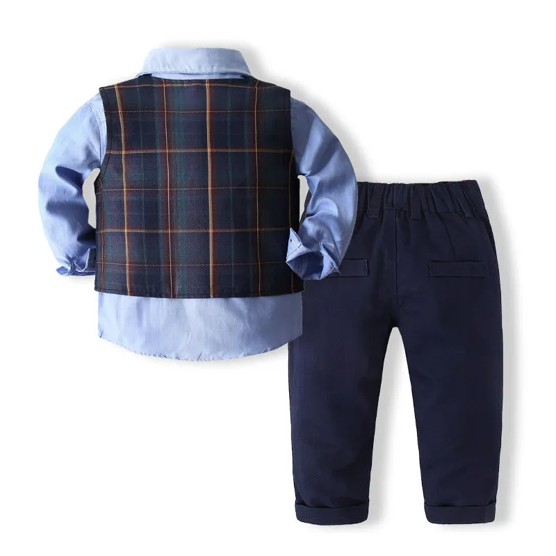 3 Pieces Set Baby Kid Boys Birthday Party Bow Shirts Checked Vests Waistcoats And Solid Color Pants Wholesale 220425237