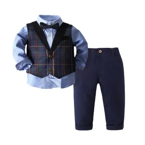 3 Pieces Set Baby Kid Boys Birthday Party Bow Shirts Checked Vests Waistcoats And Solid Color Pants Wholesale 220425237