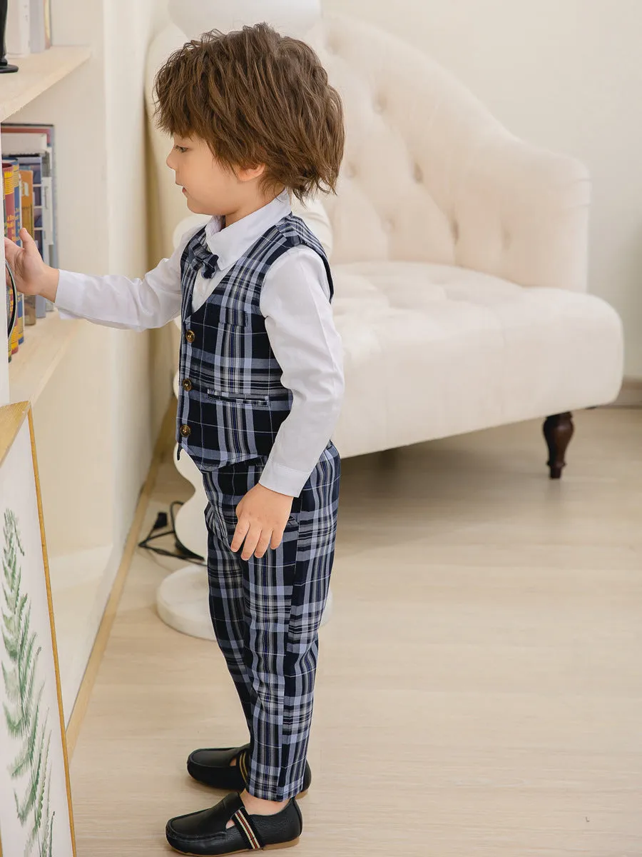 3 Pieces Set Baby Kid Boys Birthday Party Solid Color Bow Shirts Checked Vests Waistcoats And Pants Wholesale 221216530
