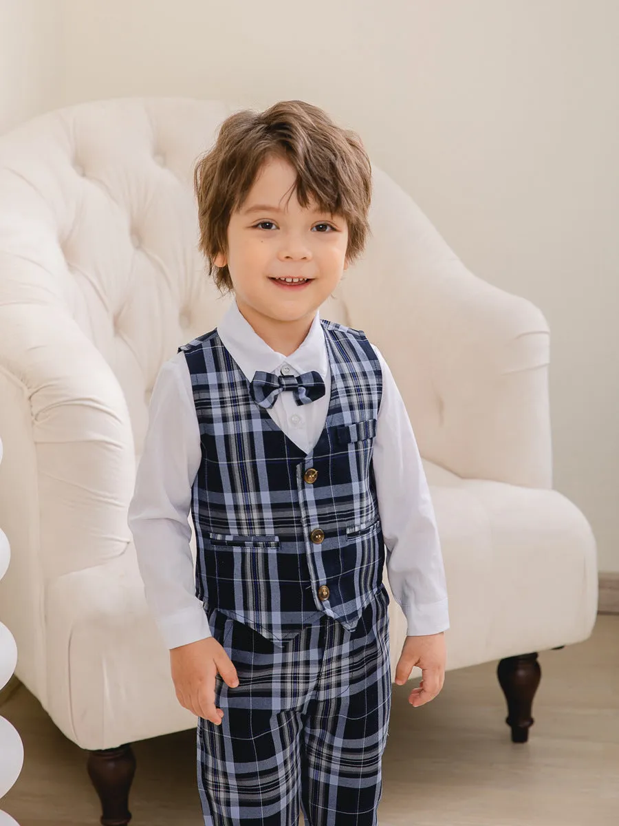 3 Pieces Set Baby Kid Boys Birthday Party Solid Color Bow Shirts Checked Vests Waistcoats And Pants Wholesale 221216530