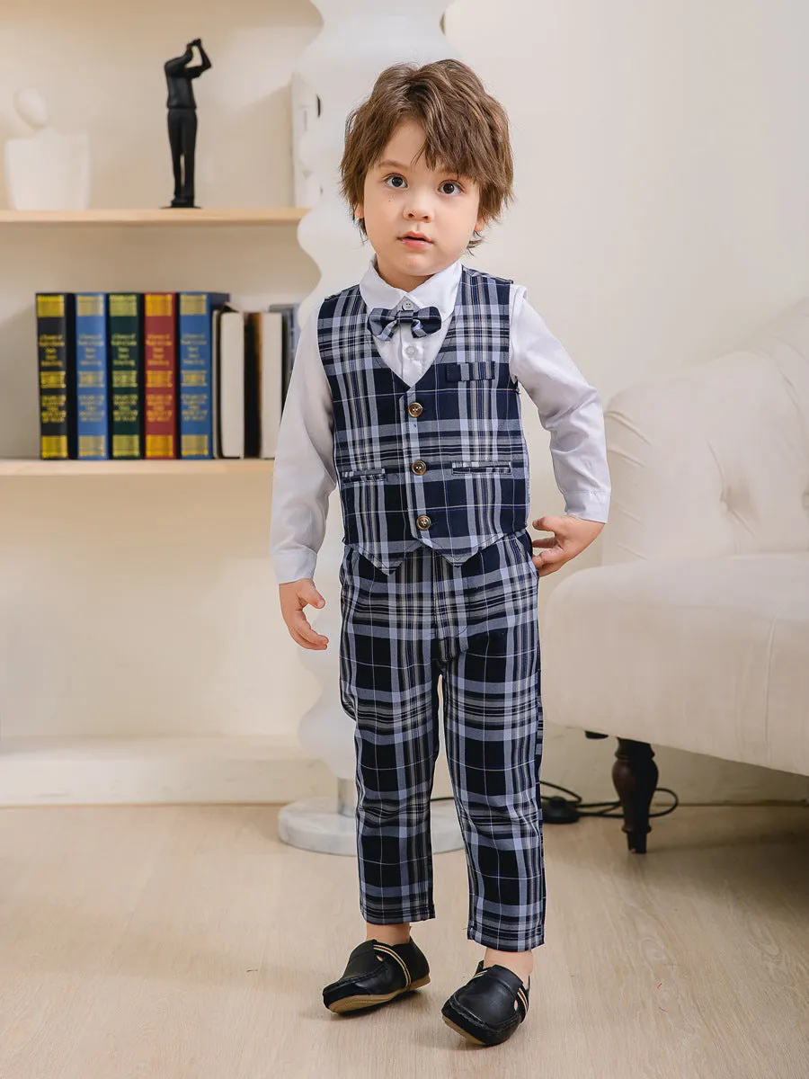 3 Pieces Set Baby Kid Boys Birthday Party Solid Color Bow Shirts Checked Vests Waistcoats And Pants Wholesale 221216530