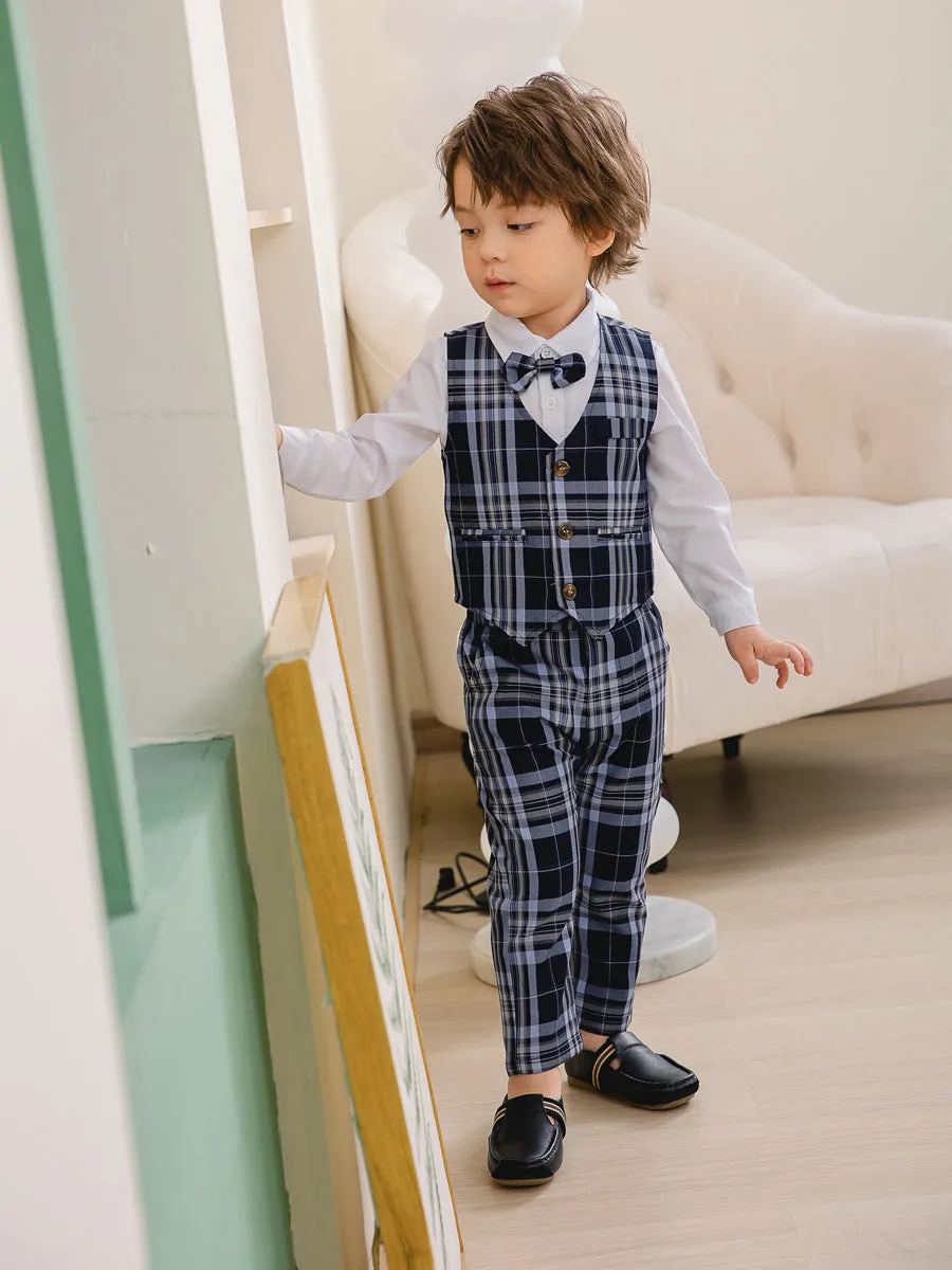 3 Pieces Set Baby Kid Boys Birthday Party Solid Color Bow Shirts Checked Vests Waistcoats And Pants Wholesale 221216530