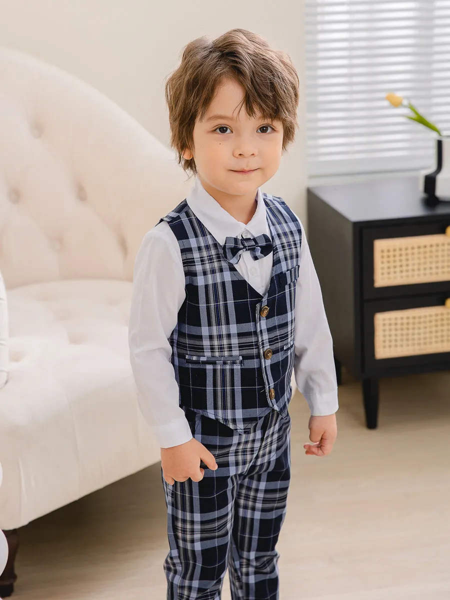3 Pieces Set Baby Kid Boys Birthday Party Solid Color Bow Shirts Checked Vests Waistcoats And Pants Wholesale 221216530