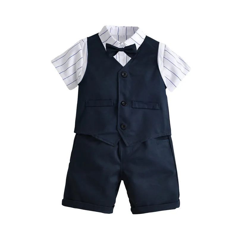 3 Pieces Set Kid Boys Dressy Solid Color Vests Waistcoats And Striped Bow Shirts And Shorts Suits Wholesale 220531362