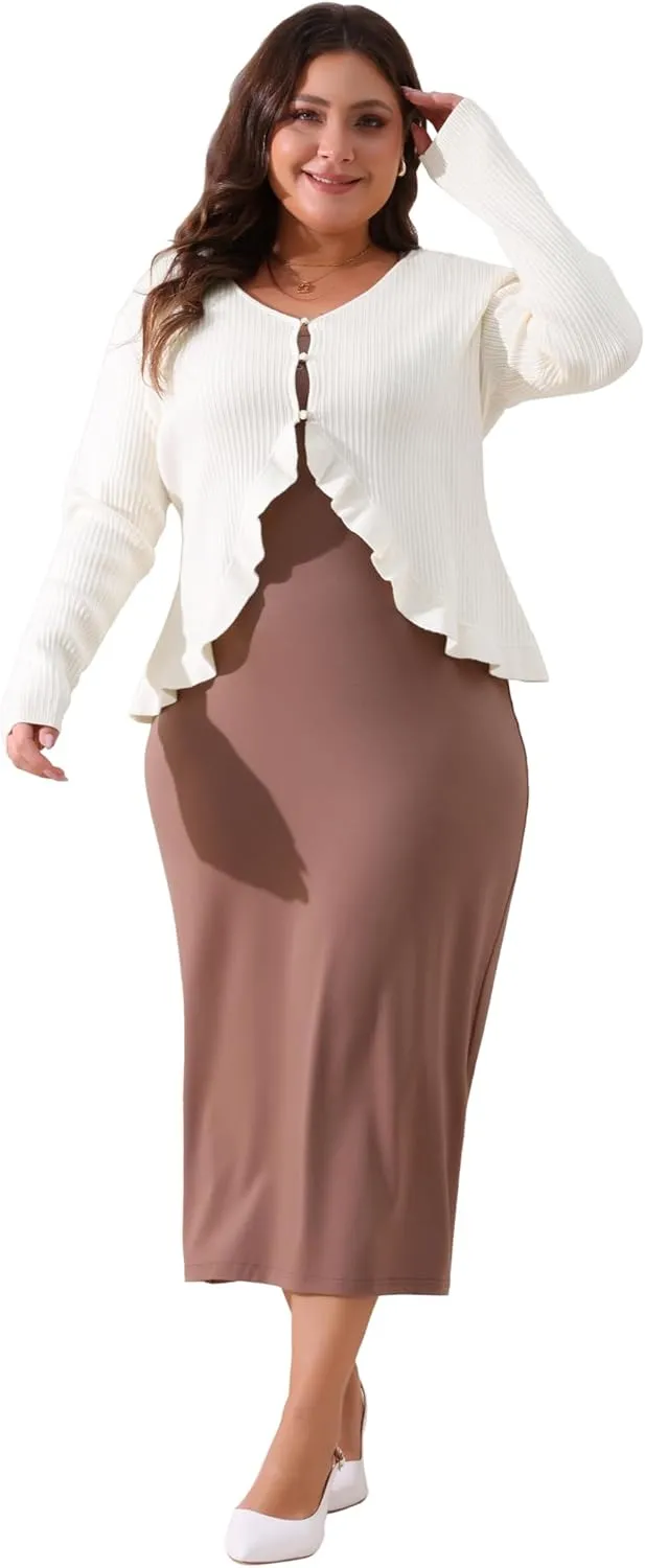 Agnes Orinda Plus Size Cardigans for Women Long Sleeve Knit Sweater Open Front Ruffled Button Cardigan Outerwear