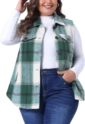 Agnes Orinda Plus Size Coat for Women Plaid Vest Coat Slash Pocket Sleeveless Button Down Jacket Outerwear