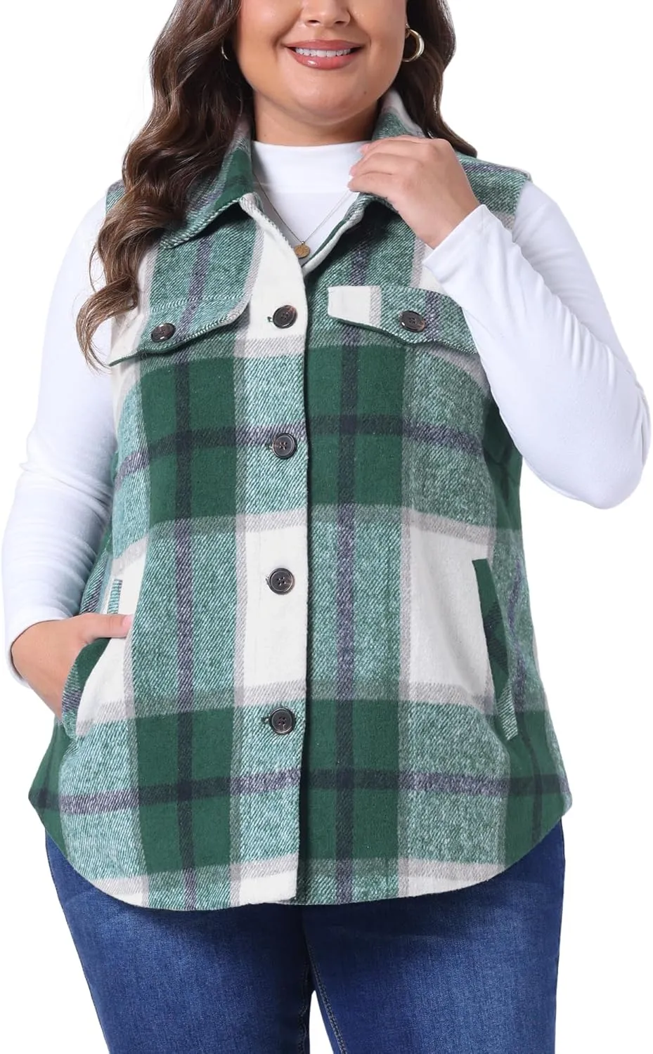 Agnes Orinda Plus Size Coat for Women Plaid Vest Coat Slash Pocket Sleeveless Button Down Jacket Outerwear