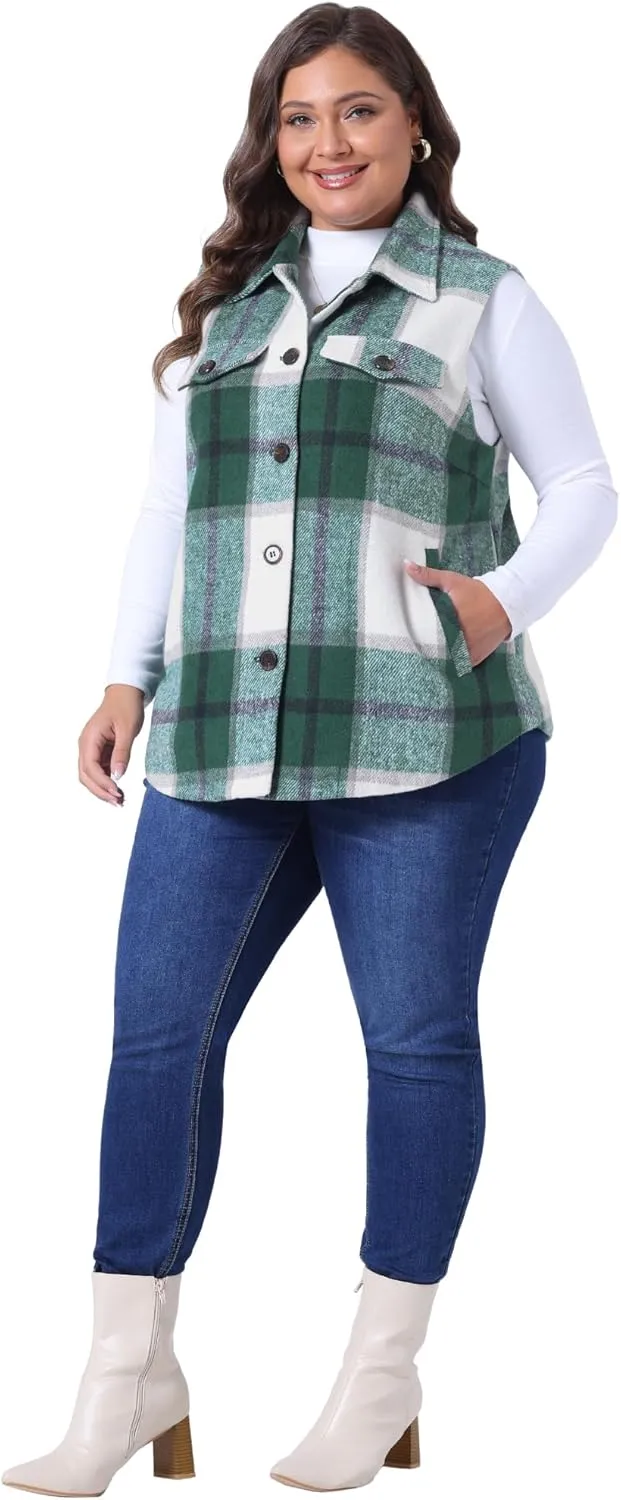 Agnes Orinda Plus Size Coat for Women Plaid Vest Coat Slash Pocket Sleeveless Button Down Jacket Outerwear