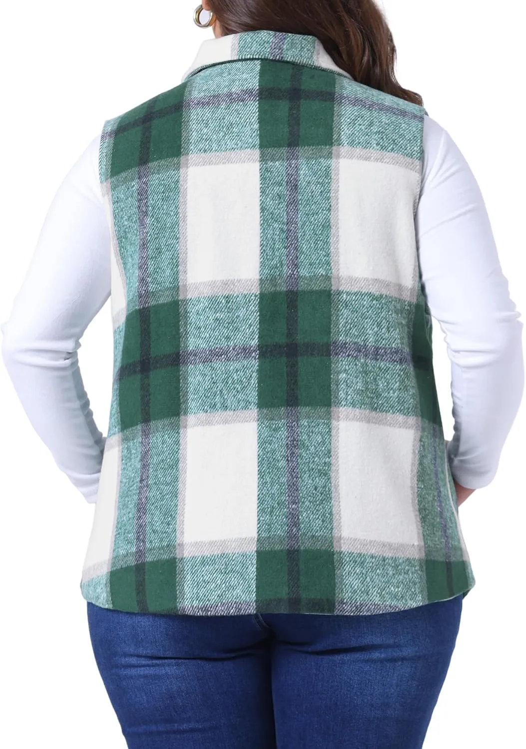 Agnes Orinda Plus Size Coat for Women Plaid Vest Coat Slash Pocket Sleeveless Button Down Jacket Outerwear