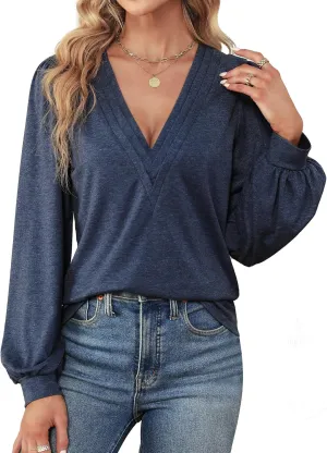 Agnes Urban Womens V Neck Long Sleeve Tops Dressy Casual Fall Shirts Puff Sleeve Loose Tunic Trendy Tops Blouses