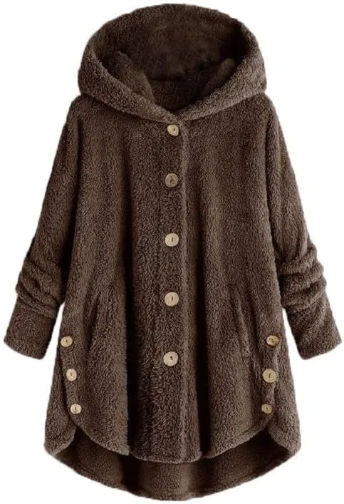 Akivide Womens Long Fleece Sherpa Hoodie Winter Warm Fuzzy Jacket Coats Outerwear with Pocket Plus Size