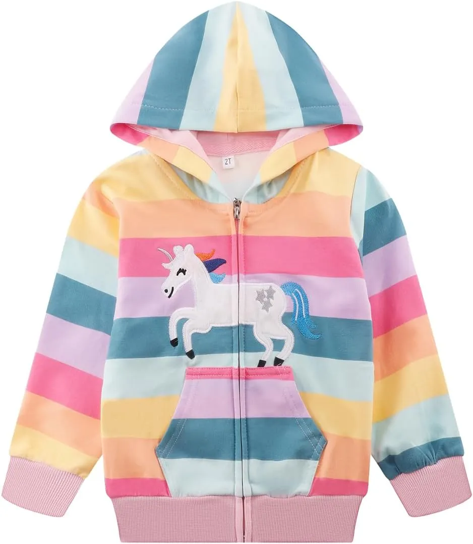 Akyzic Girls Zip Up Hoodie Toddler Lightweight Fall Jacket Cotton Unicorn Hooded Sweatshirt Kids Winter Outerwear