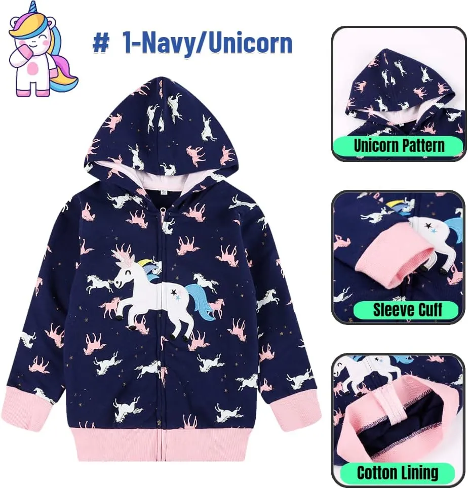 Akyzic Girls Zip Up Hoodie Toddler Lightweight Fall Jacket Cotton Unicorn Hooded Sweatshirt Kids Winter Outerwear