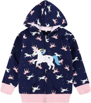Akyzic Girls Zip Up Hoodie Toddler Lightweight Fall Jacket Cotton Unicorn Hooded Sweatshirt Kids Winter Outerwear